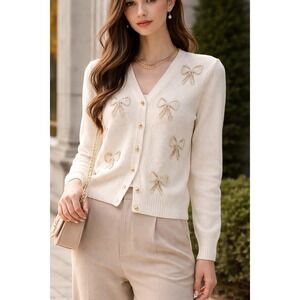 Karen Scott Petites Silk Angora Beaded Bow Cardigan Sweater Cream Ivory PL